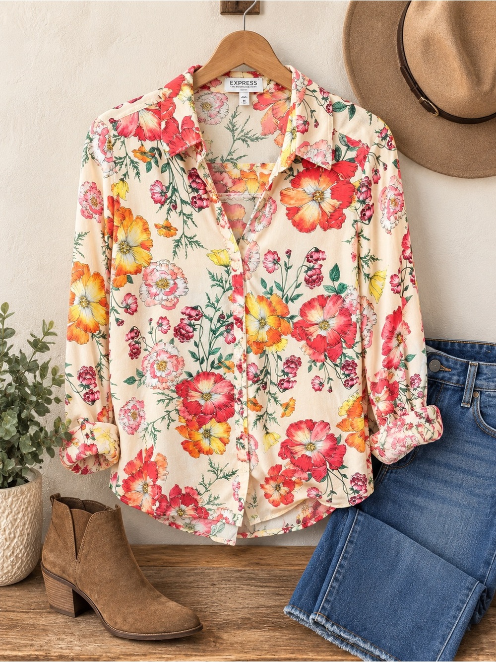 Express Floral Button-Down Shirt in Cream, Red and Yellow